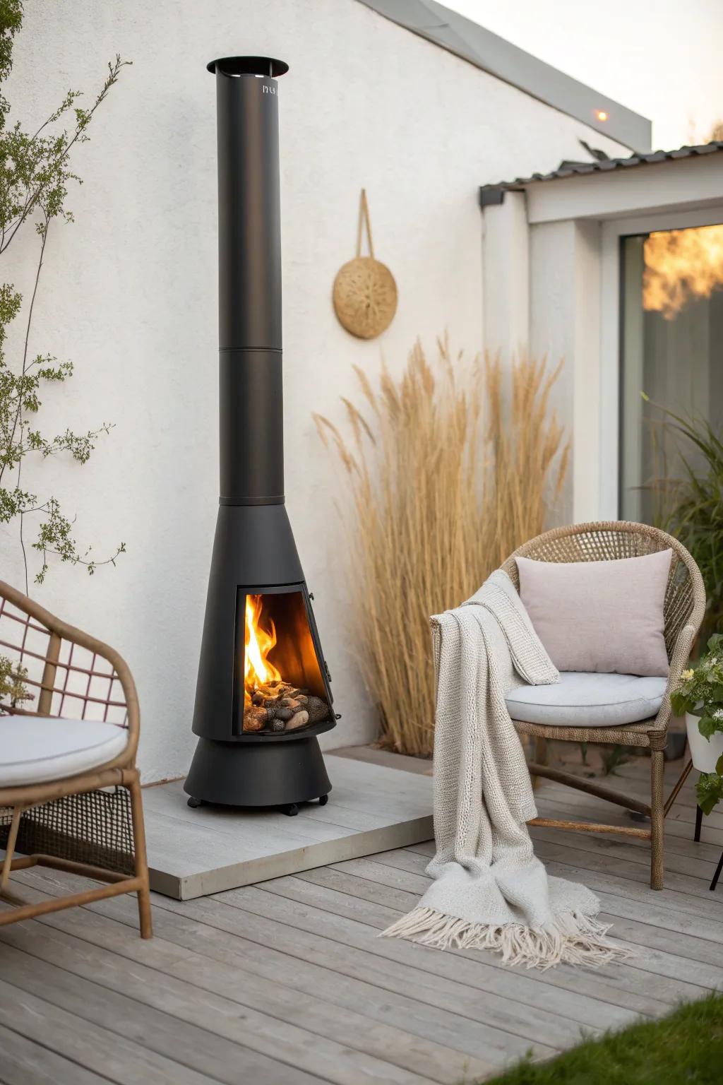 Tiny balcony, big glow: a petite outdoor fireplace that makes two chairs feel intimate.