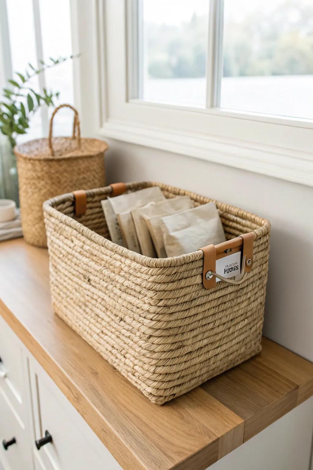 Matching baskets hide snack clutter and keep your small pantry calm, clean, and grab-and-go.