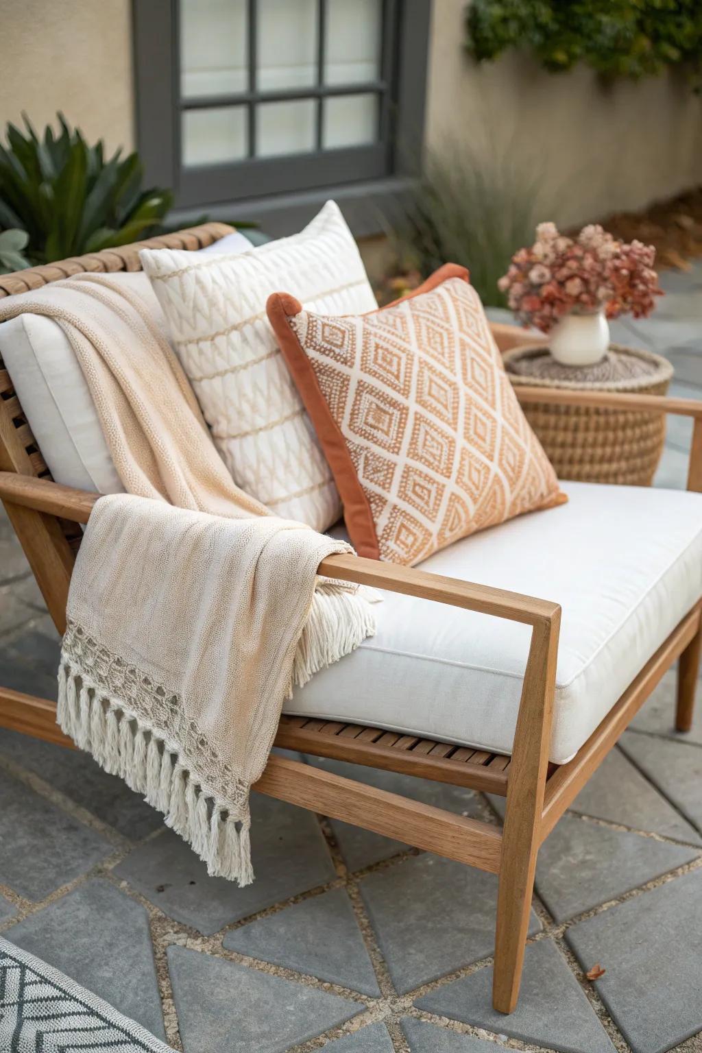 Layered outdoor pillows plus one throw blanket instantly soften a small patio chair for photos.