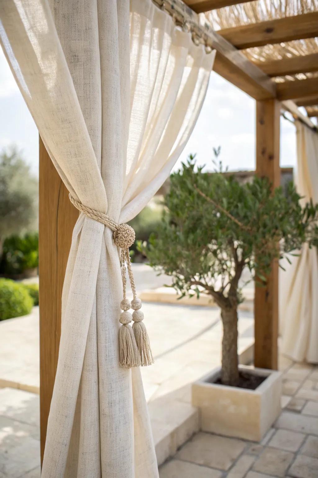 Sheer pergola curtains add instant privacy—soft, airy, and perfect for tiny patios.