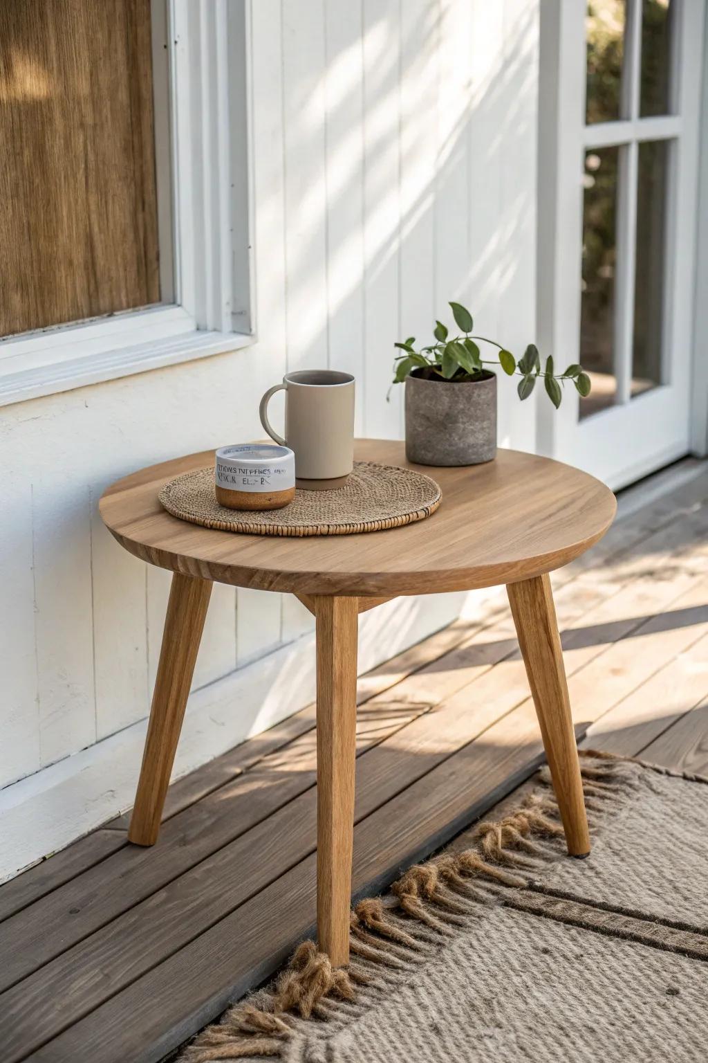 Round coffee table = smoother porch flow—no bumped hips, just airy, effortless styling.