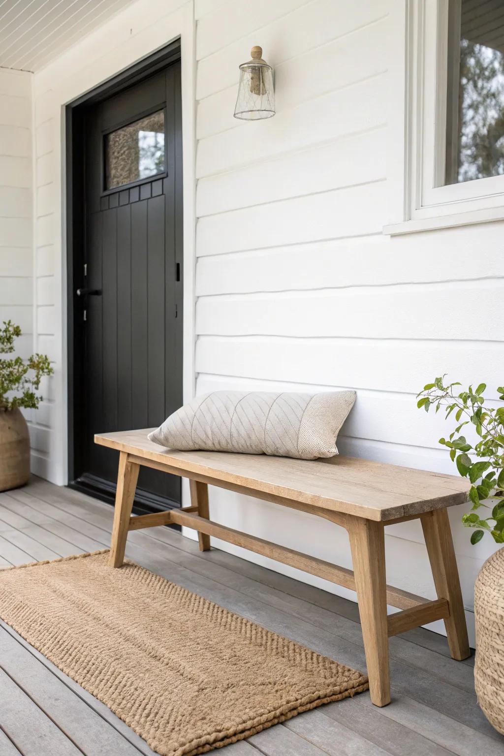 A slim oak bench with one cushion adds cozy seating to a small porch without crowding.