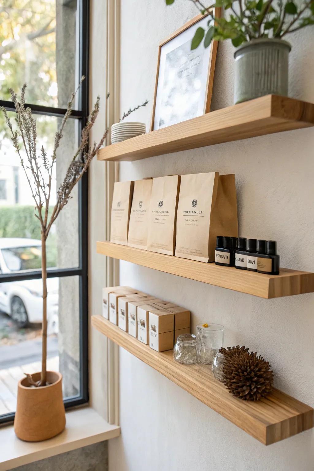 Floating oak shelf styling that keeps sightlines open—perfect for small packaged goods in tiny shops.