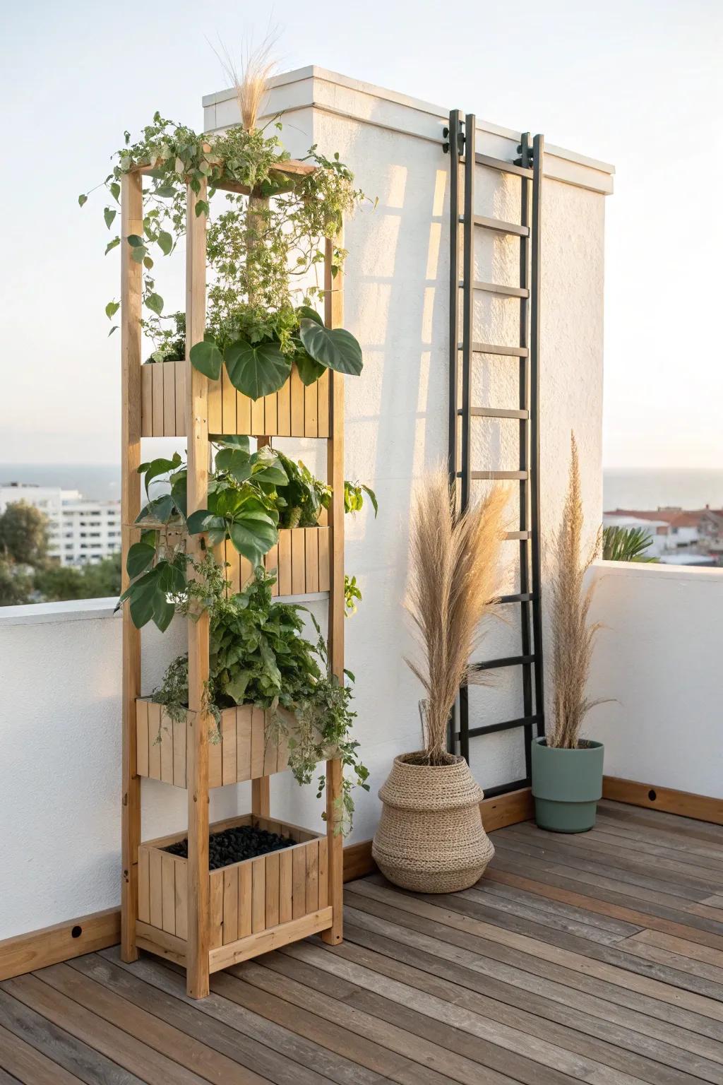 Maximize a tiny rooftop deck with a slim vertical planter for lush greenery—no floor space lost.