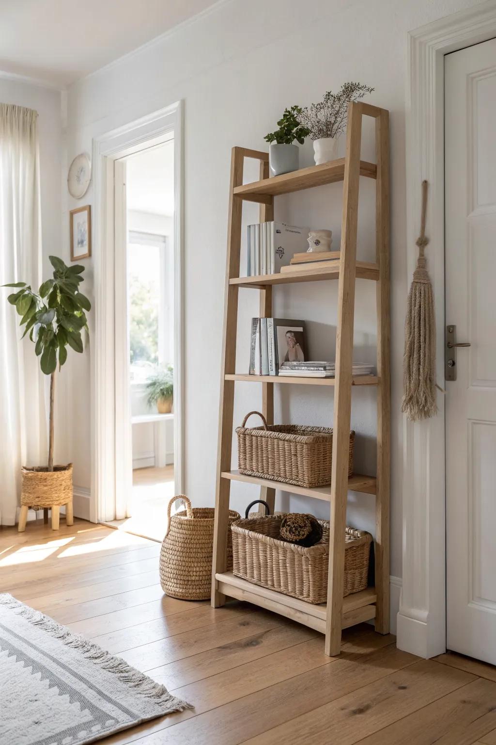 Wrap shelves around a doorway to uncover hidden library space—light reads and pretty bins up top.