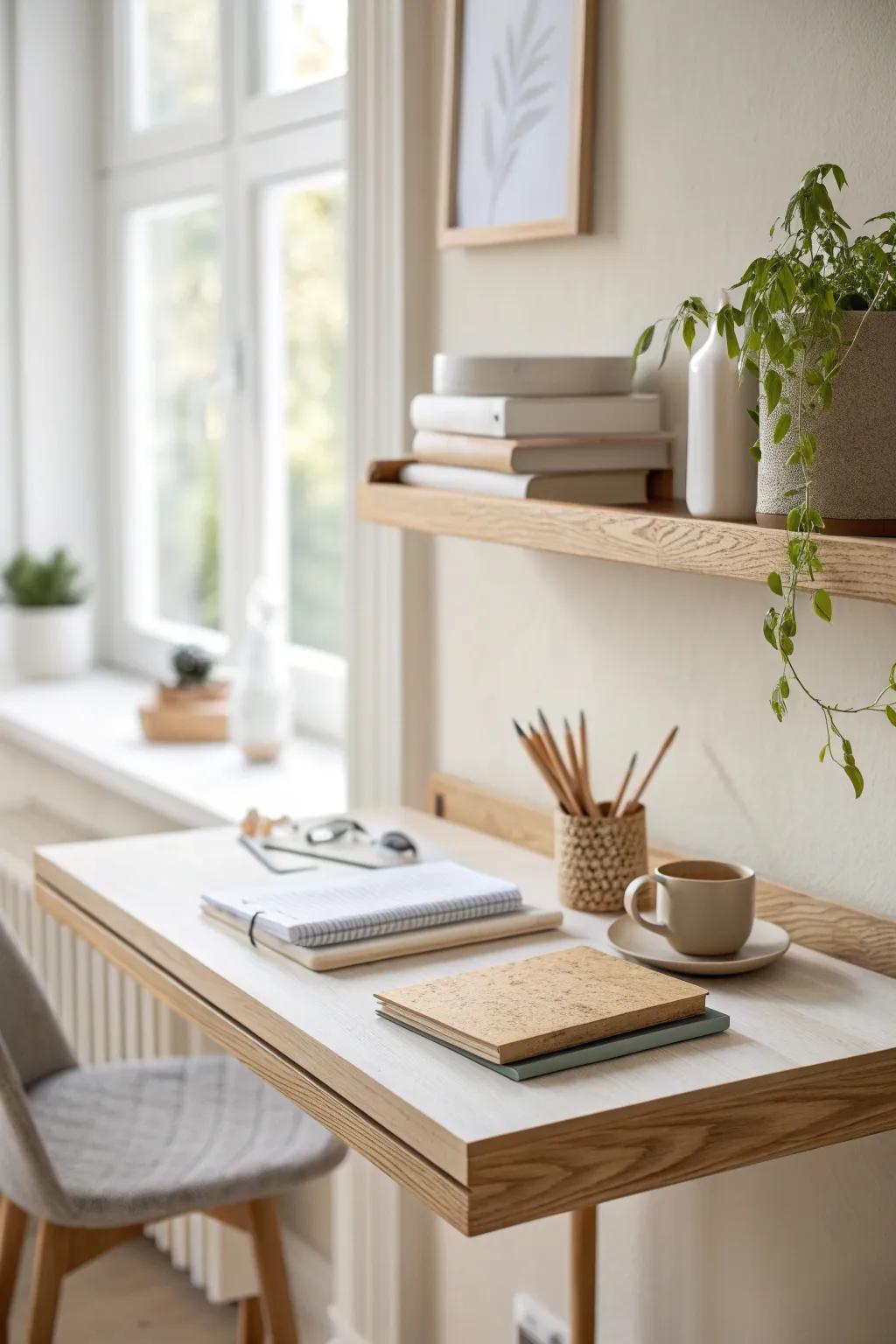 Floating shelves above the desk keep small rooms tidy—so clutter won’t drift toward the queen bed.