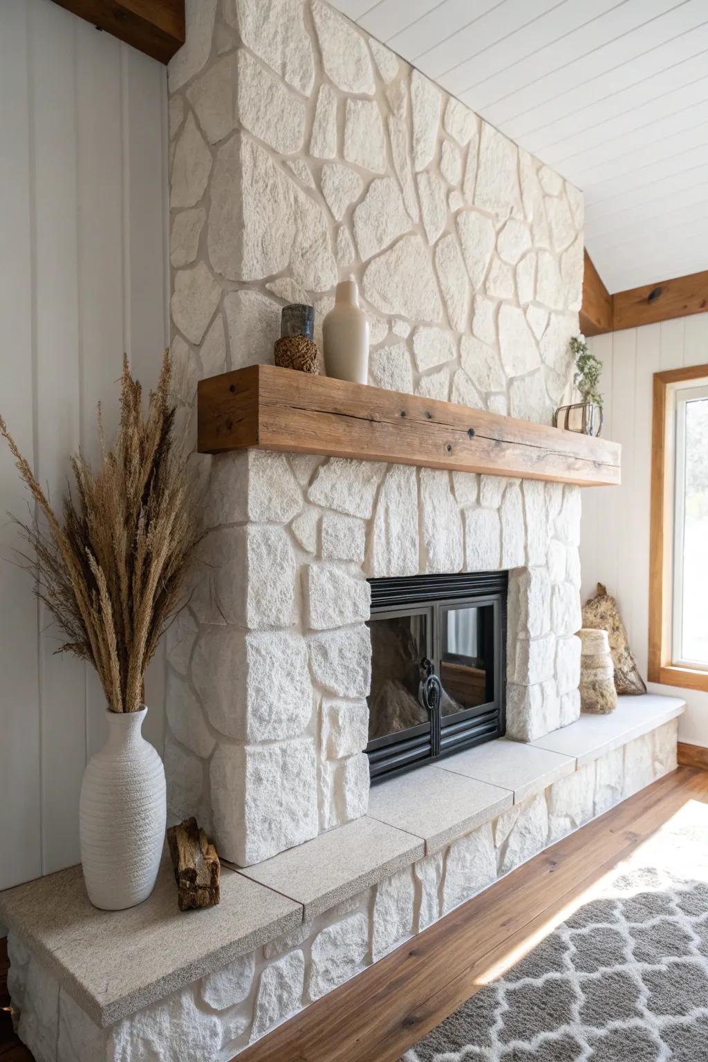 A stone-look fireplace moment with a chunky wood mantel—rustic warmth for small spaces.