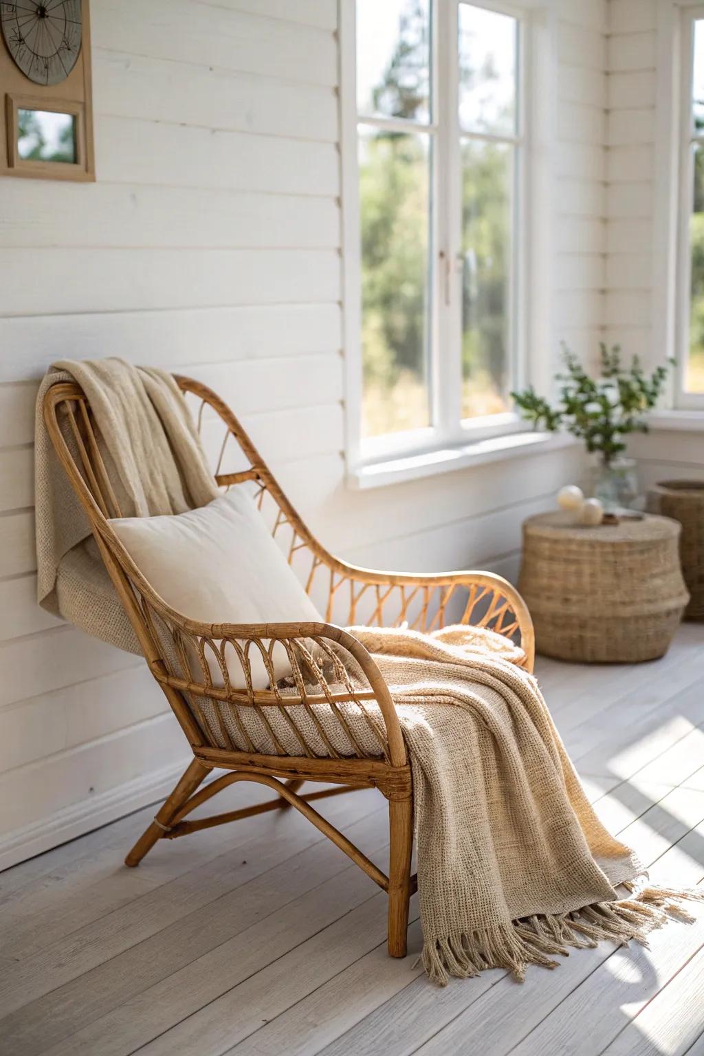 Earthy creams and soft greens keep this rustic sunroom chair bright, calm, and cozy.