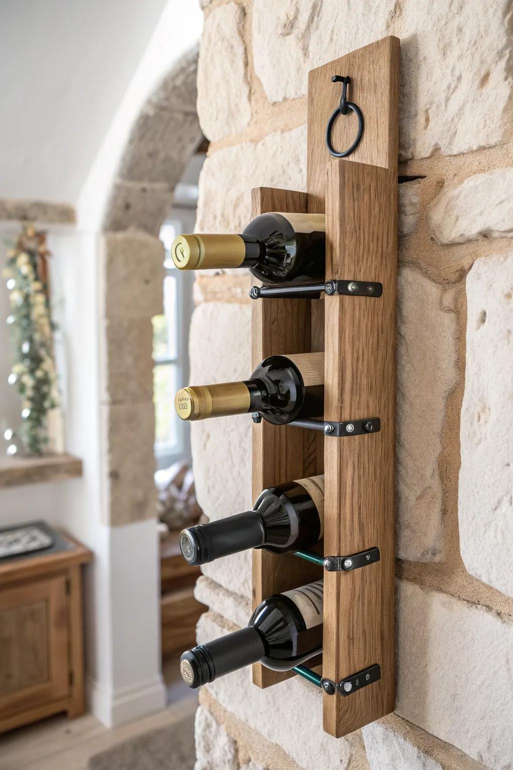 Light oak rack + stone accent wall creates tiny wine-cellar cave vibes in minutes.