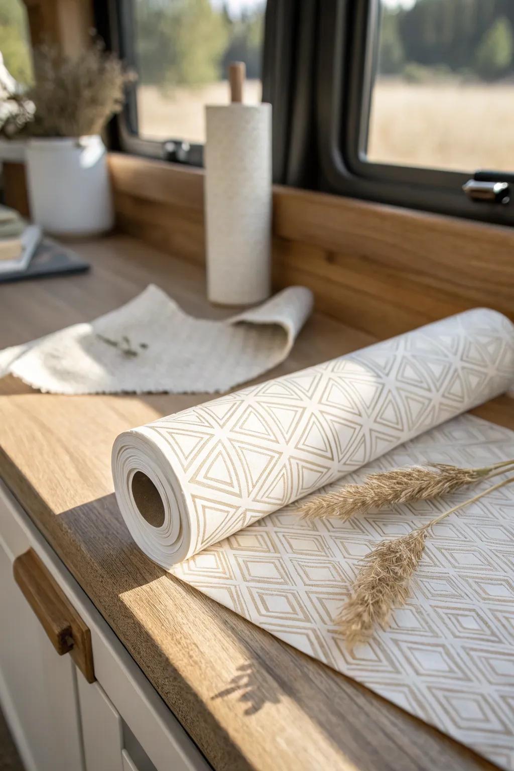 Peel-and-stick wallpaper adds instant RV personality—custom vibes without clutter.