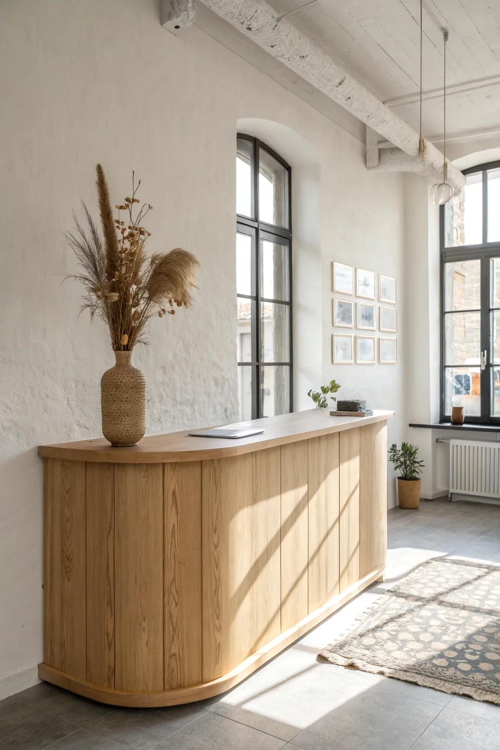 Open mini reception: a slim oak counter with one vase keeps the entry airy and inviting.