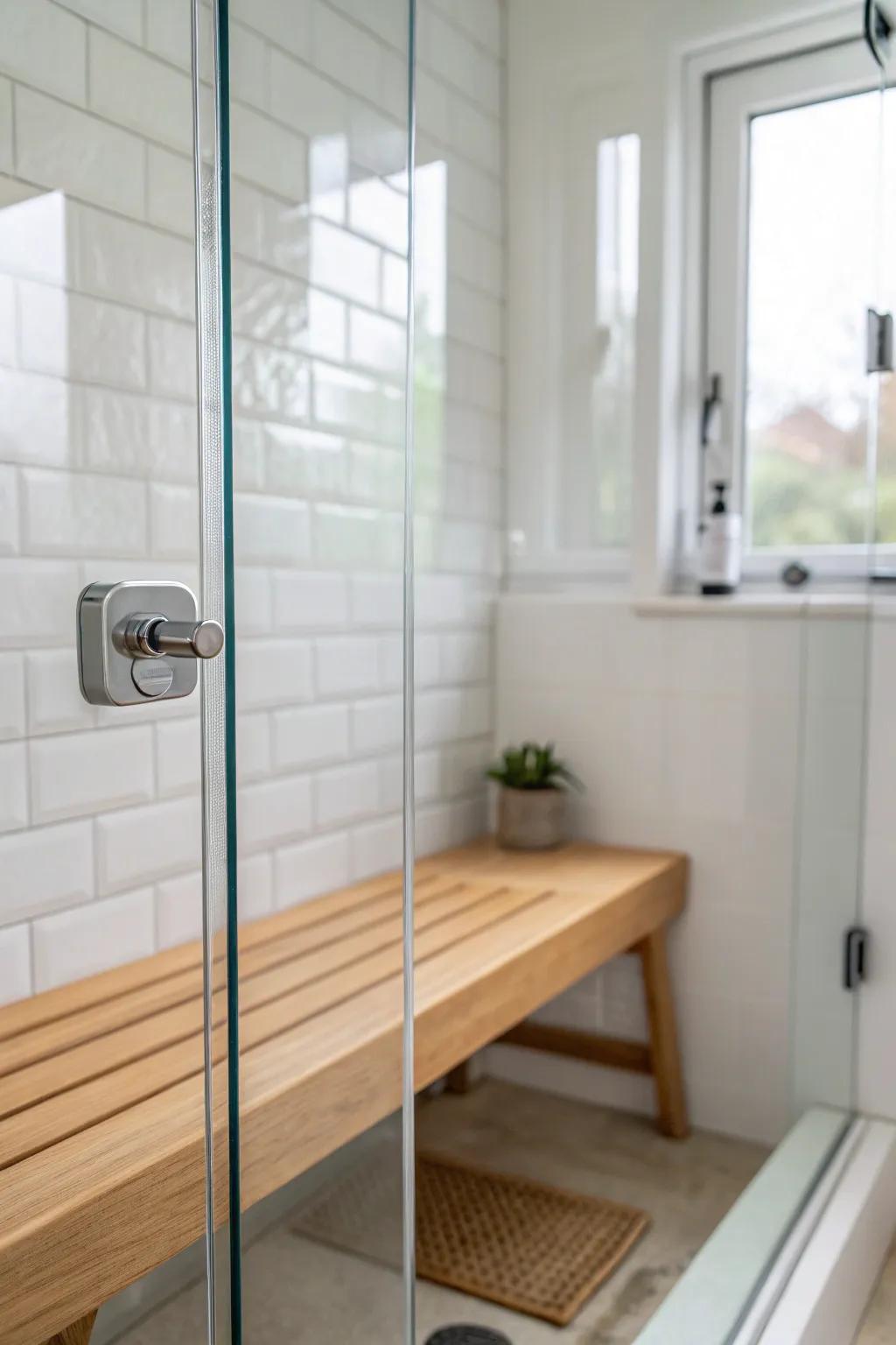 A clear glass shower screen keeps the room airy—tiny Scandinavian bathrooms feel instantly bigger.