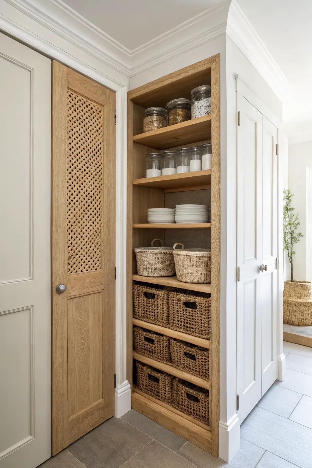 Floor-to-ceiling storage in a slim scullery cabinet keeps backups high and counters clutter-free.