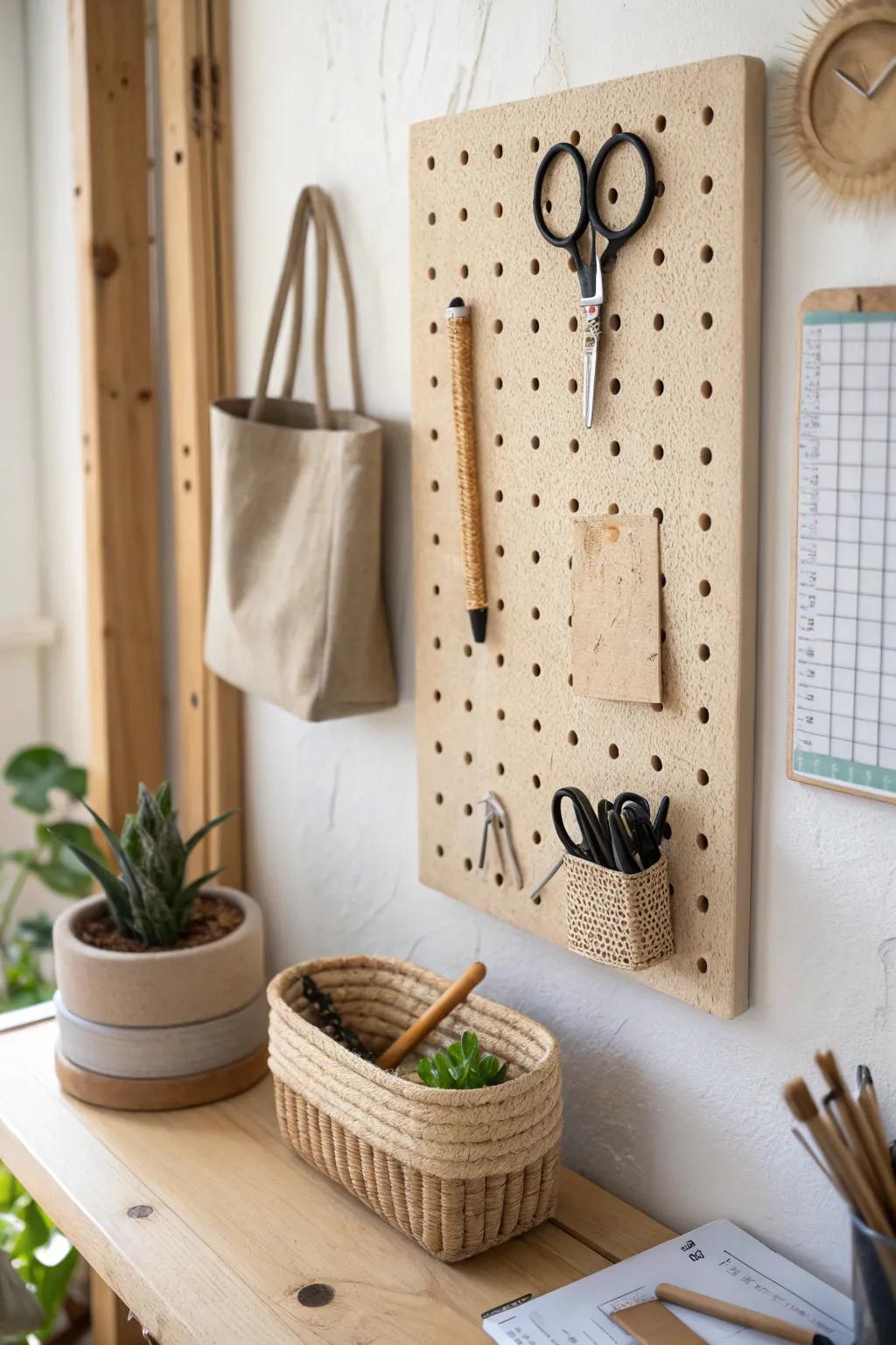 A sleek pegboard wall keeps shed-office tools within reach while your desk stays beautifully clear.