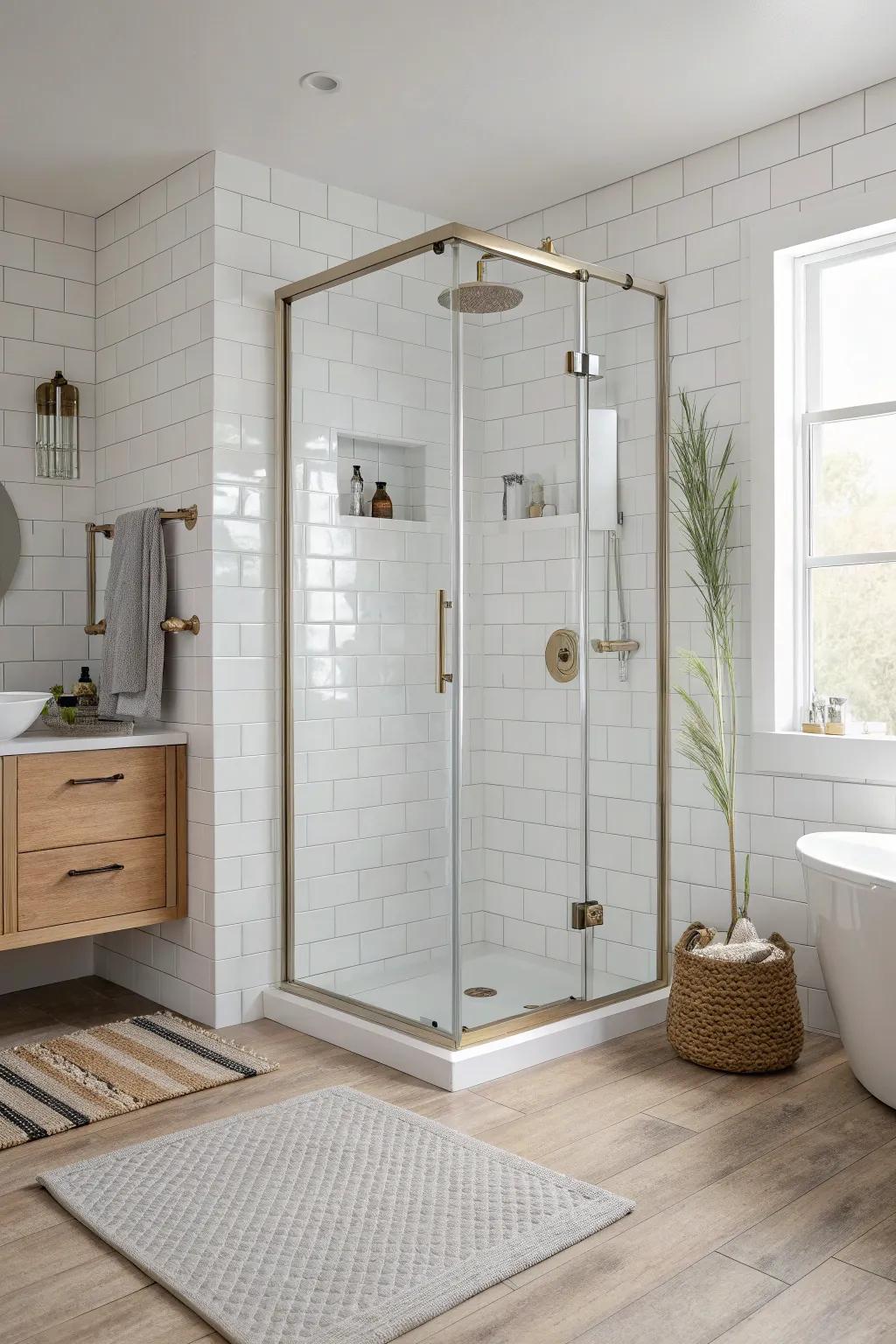 Neo-angle corner door: a space-saving shower entry that feels open, not tight.