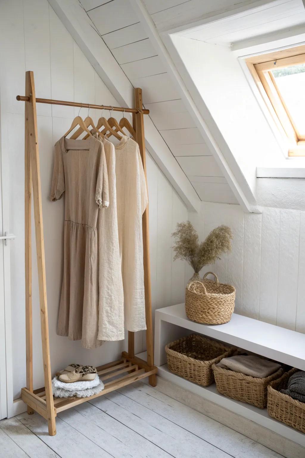 Use the tallest wall for long-hang pieces—keep folded storage tucked neatly under the slope.