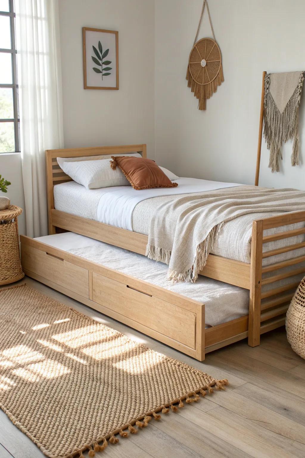A sleek twin trundle bed that tucks away a second sleep space—perfect for tiny spare rooms.