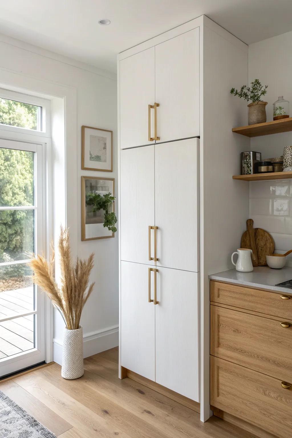Ceiling-height cabinets erase the dusty gap and make a small square kitchen feel taller.