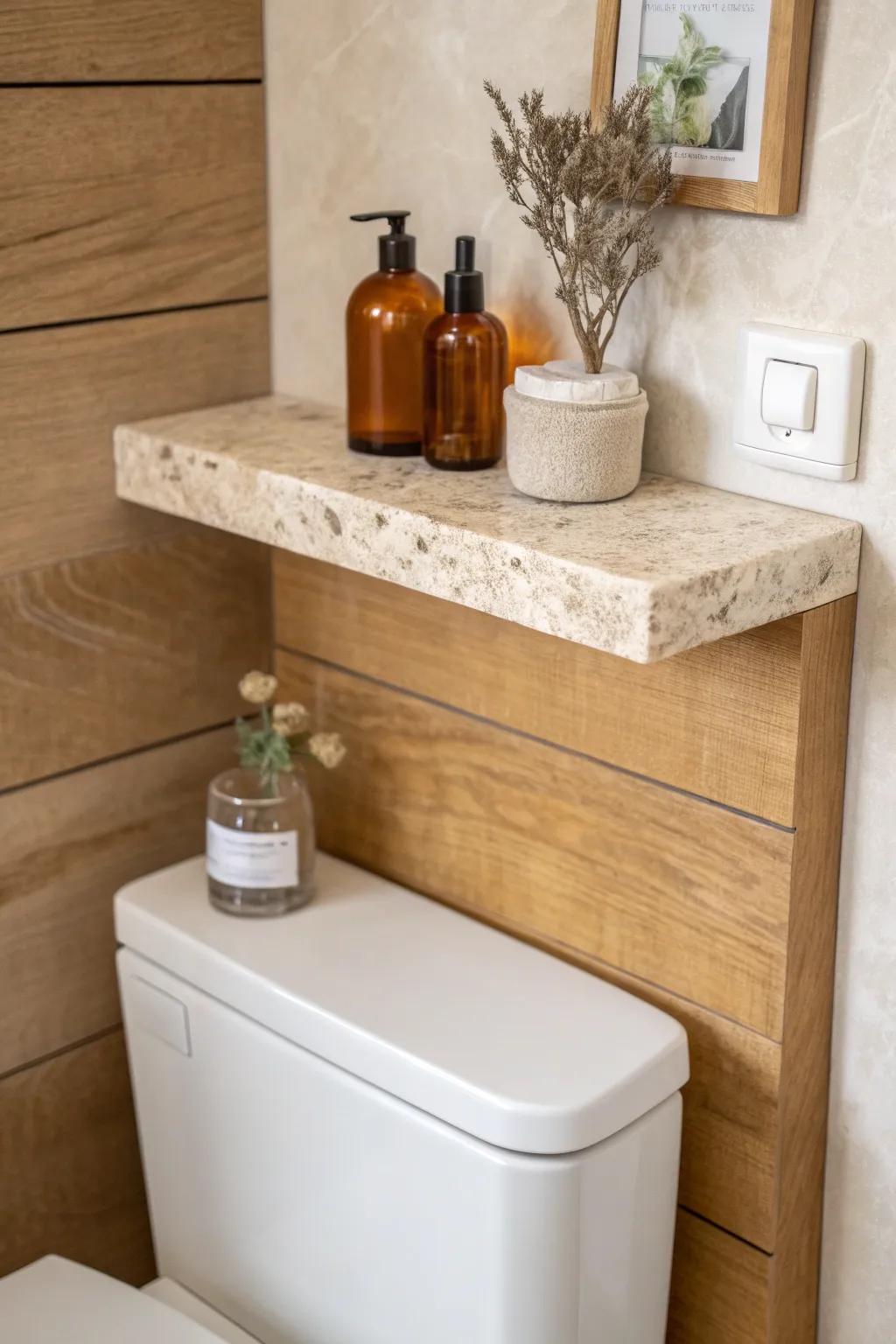 A slim floating stone shelf adds vertical storage above the toilet—airy, calm, and chic.