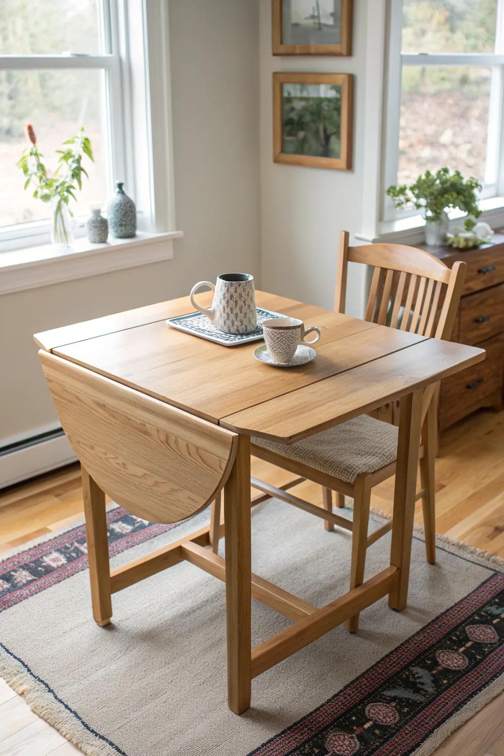 A drop-leaf table that folds away after meals—extra seats when you need them, space when you don’t.