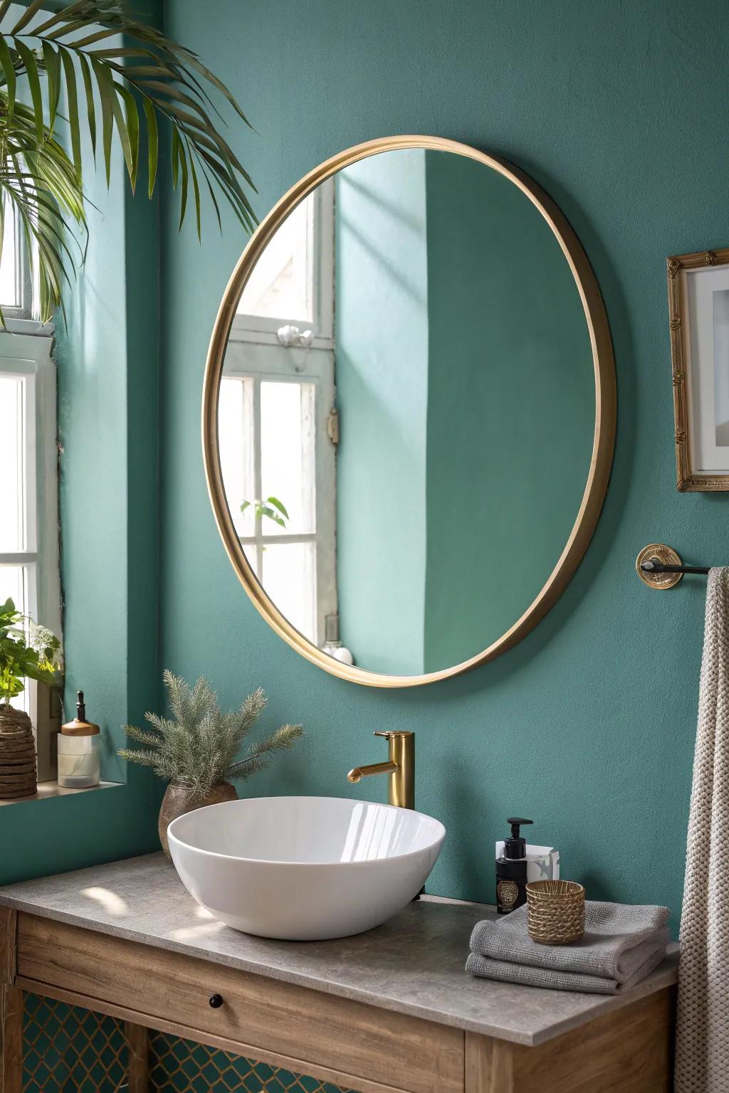 A big round brass mirror on teal softens angles and makes a tiny bathroom feel instantly larger.