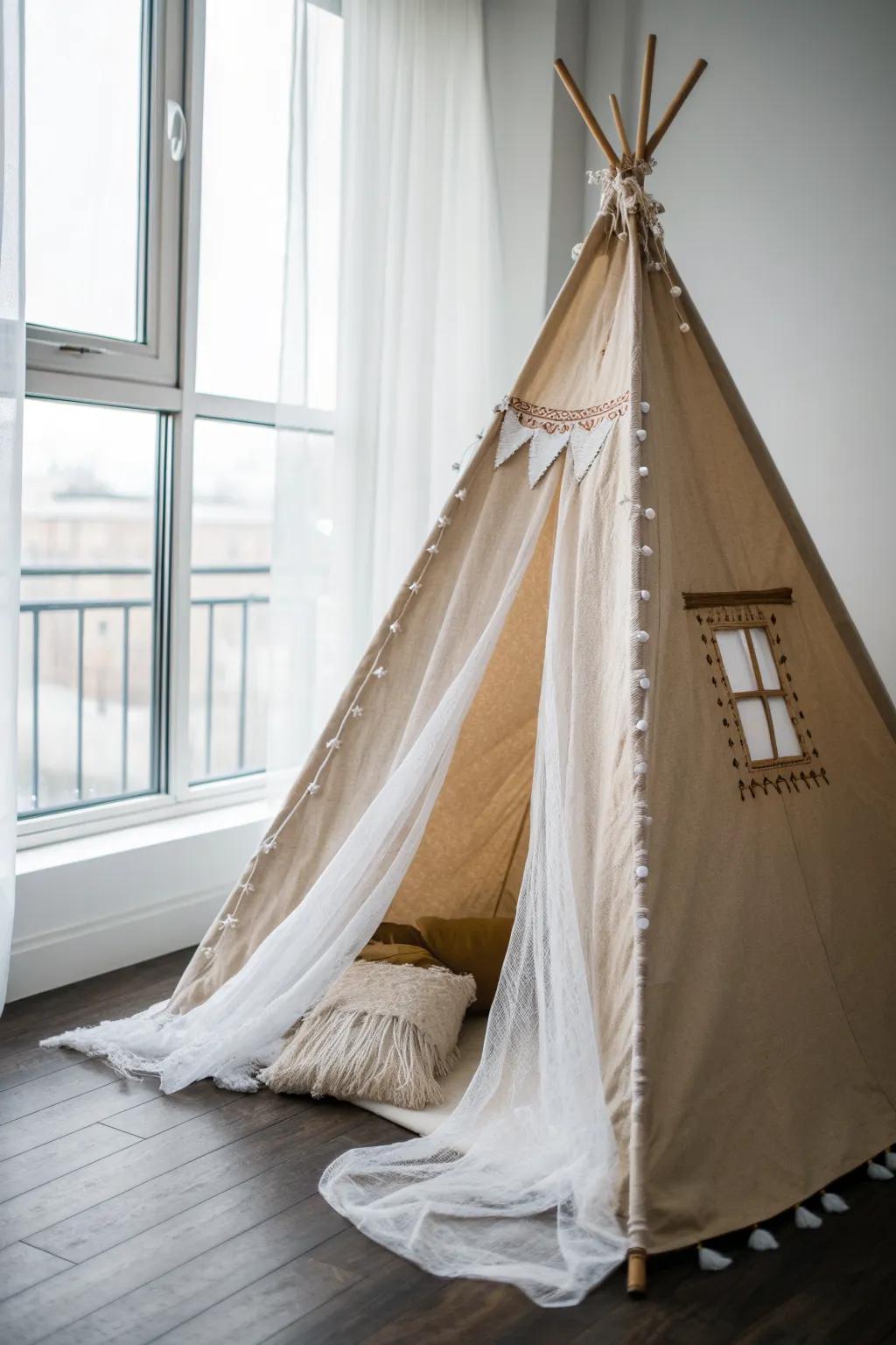 Sheer curtains over a tiny indoor tent make the coziest, airy hideaway by the window.