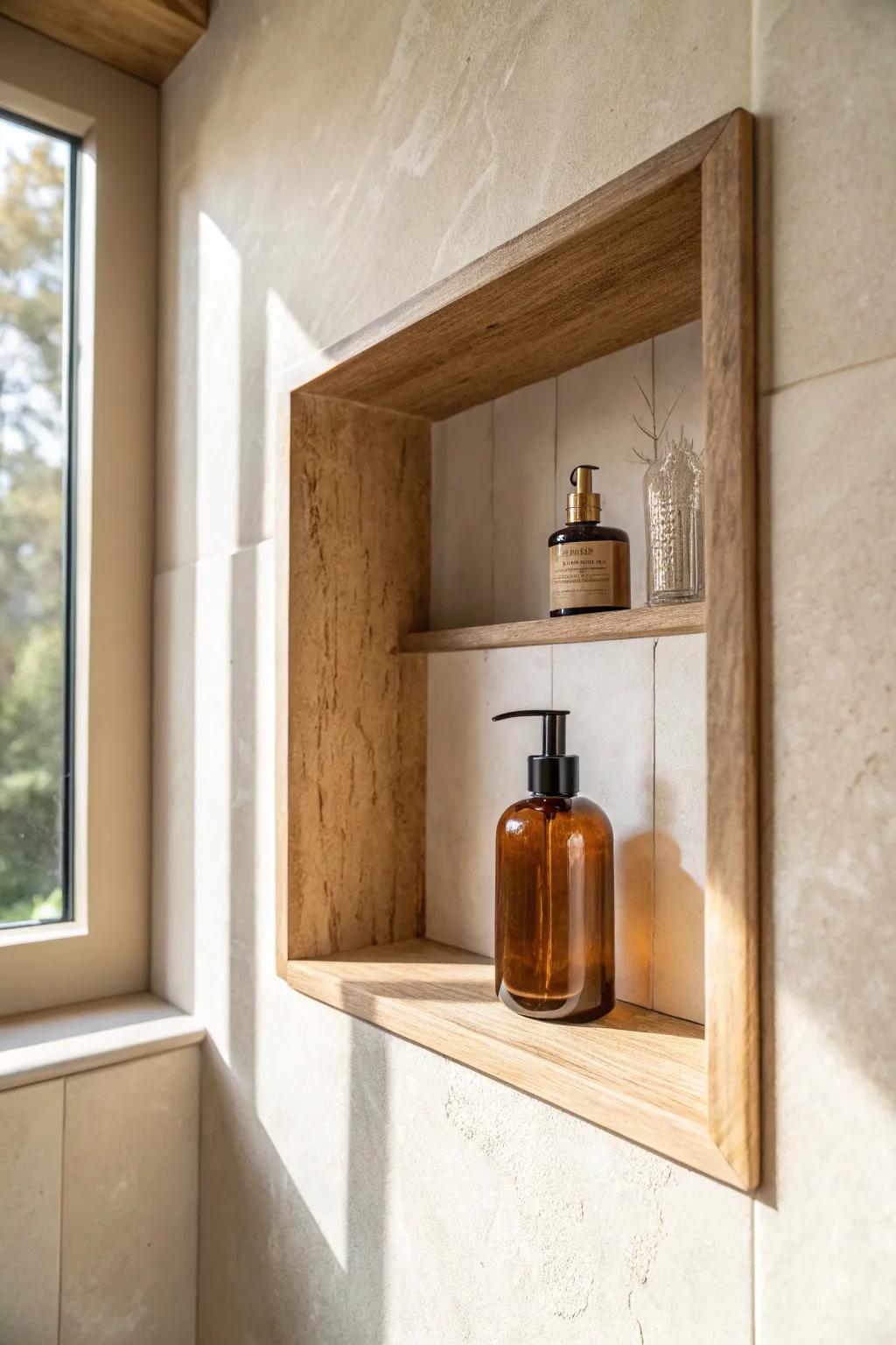A built-in shower niche keeps toiletries off the ledge and makes small bathrooms feel serene.