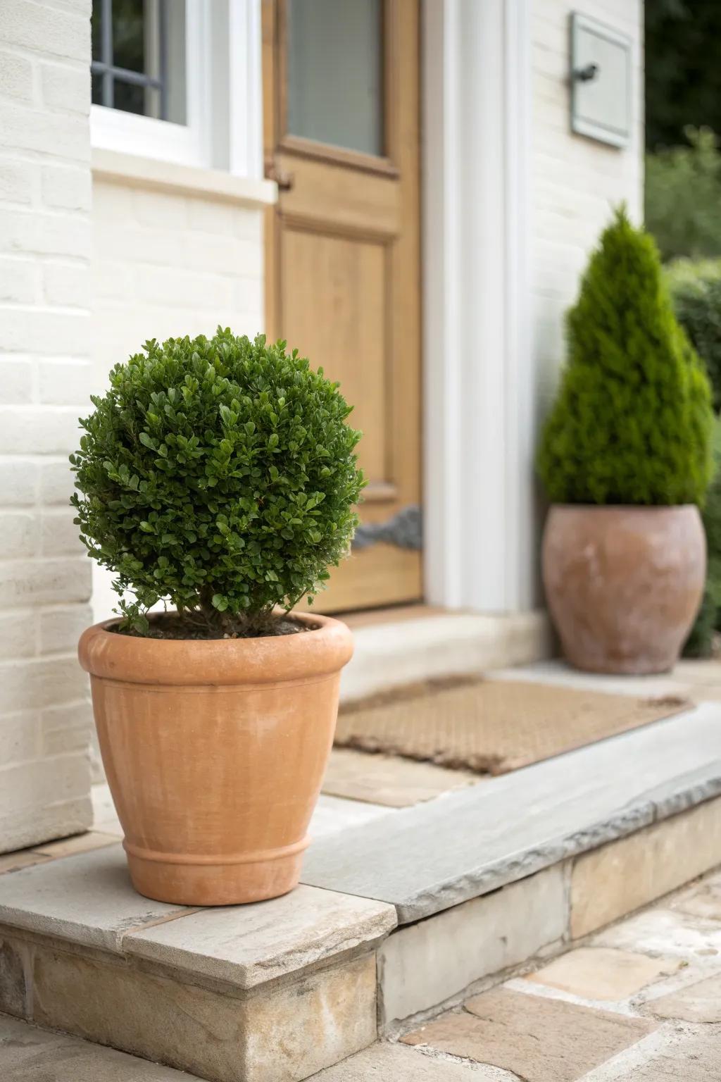 Evergreen structure that keeps a tiny townhouse front garden looking polished all year.