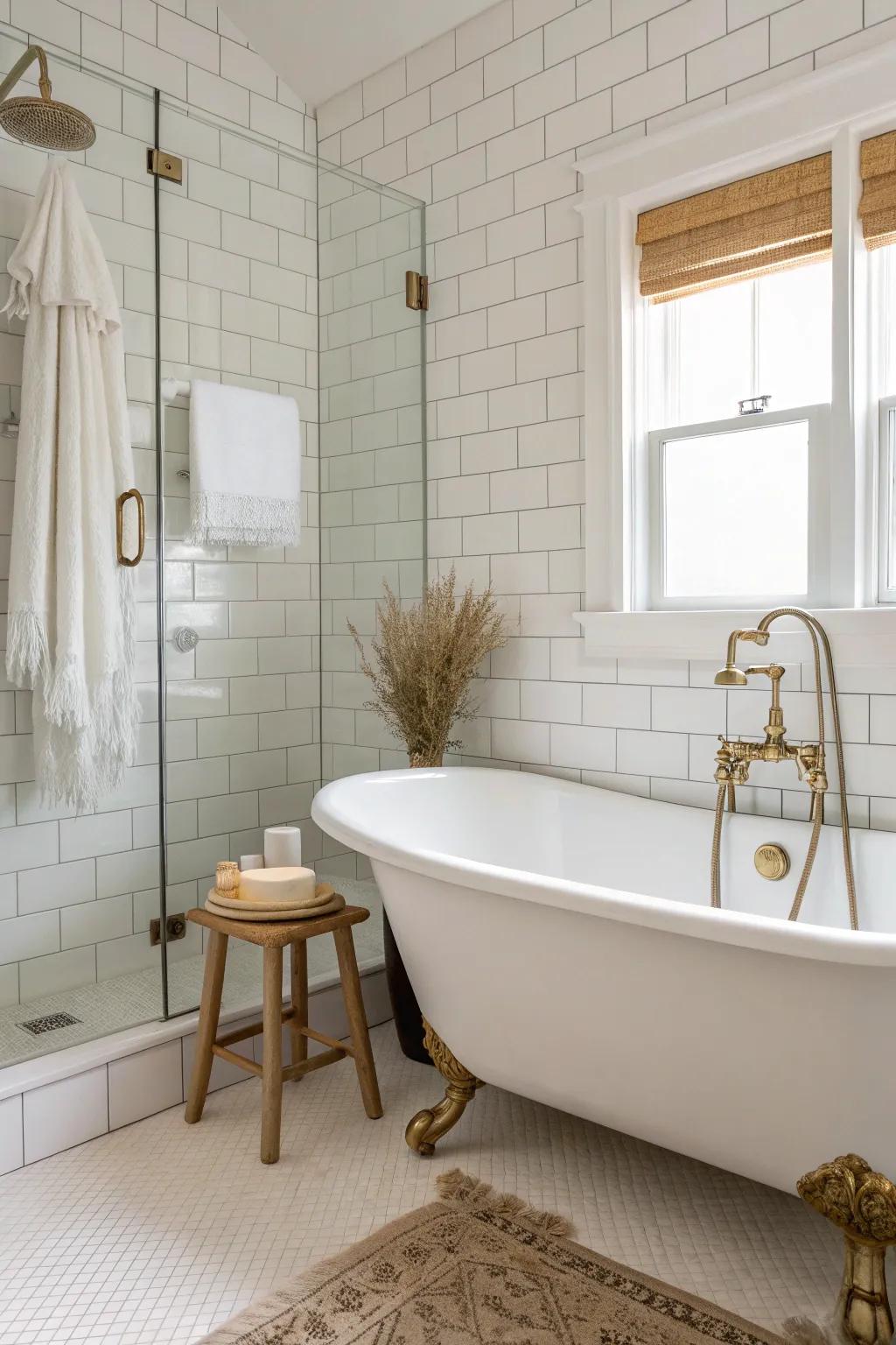 A classic tub-shower combo with a clear glass panel keeps a small bathroom bright and timeless.