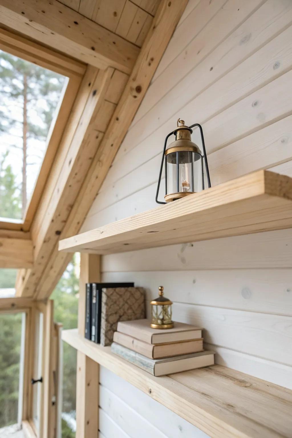 Slim rafter shelf keeps storage up high—airy, handcrafted, and perfect for books or a lantern.