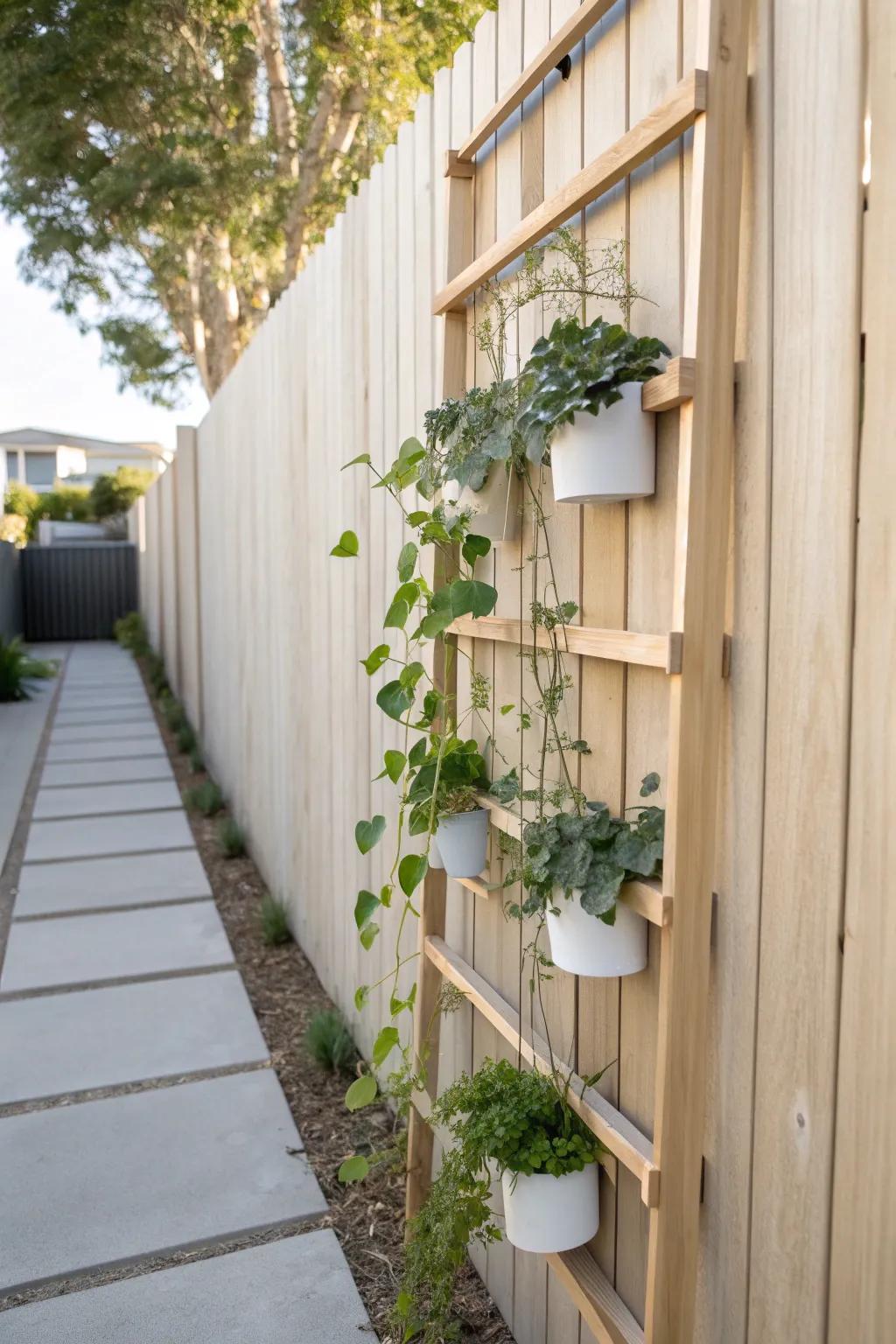 A vertical garden on the fence adds lush greenery without sacrificing precious patio space.