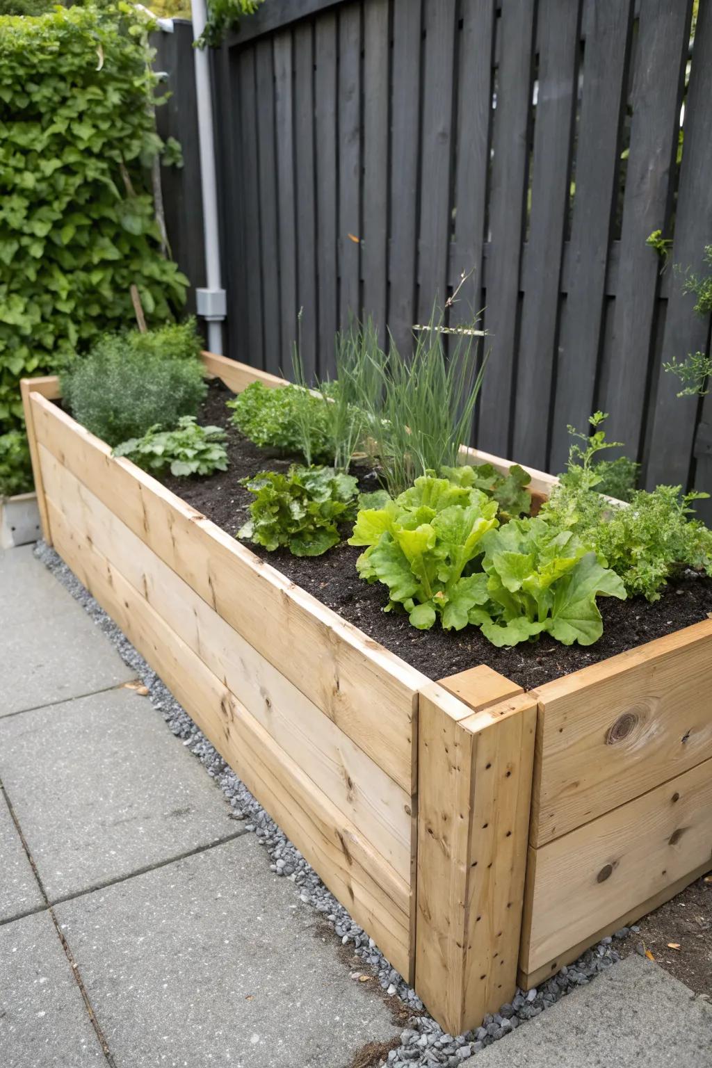 L-shaped raised bed turns a forgotten corner into a tidy, space-smart veggie garden.