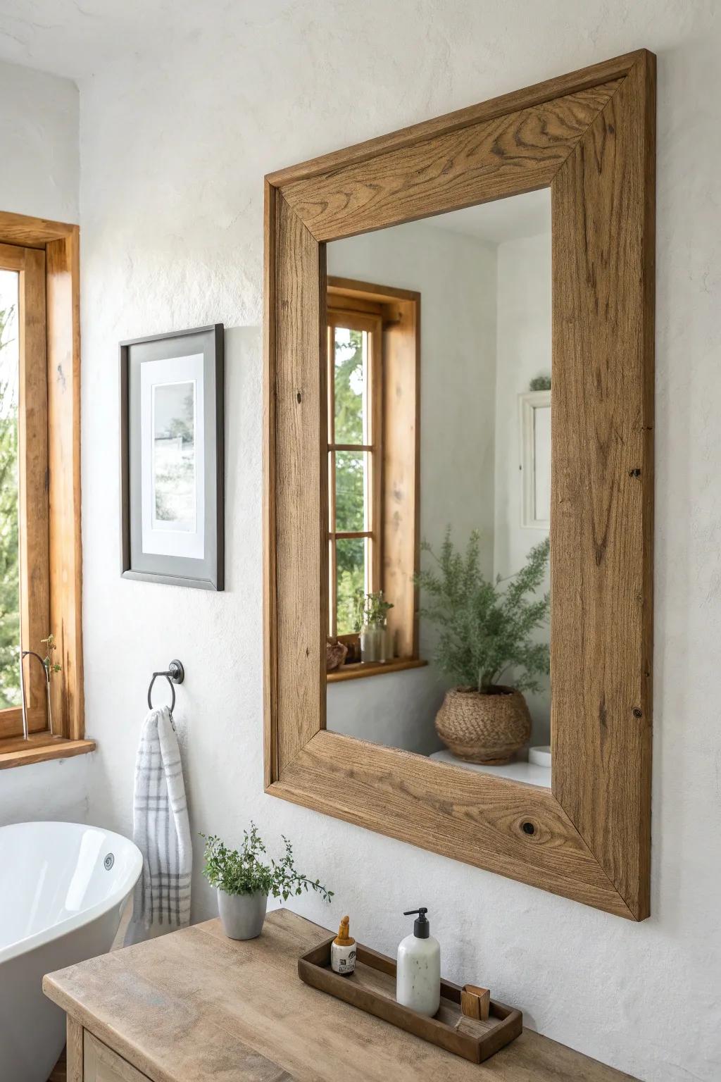 Oversized chunky wood mirror—simple, warm, and instantly western-lodge chic for small baths.