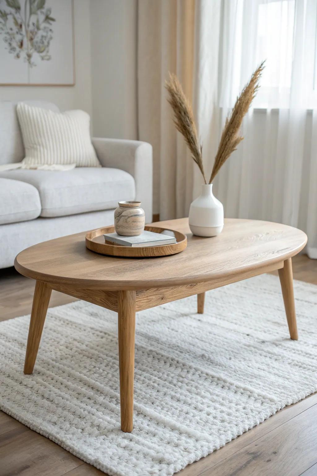 Low-profile oak coffee table: slim lines that open up a small white living room instantly.