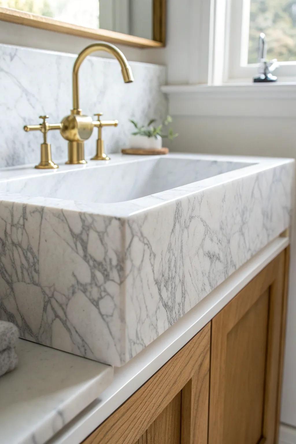 A slim white marble backsplash gives a luxe look behind the sink—perfect for tiny baths.