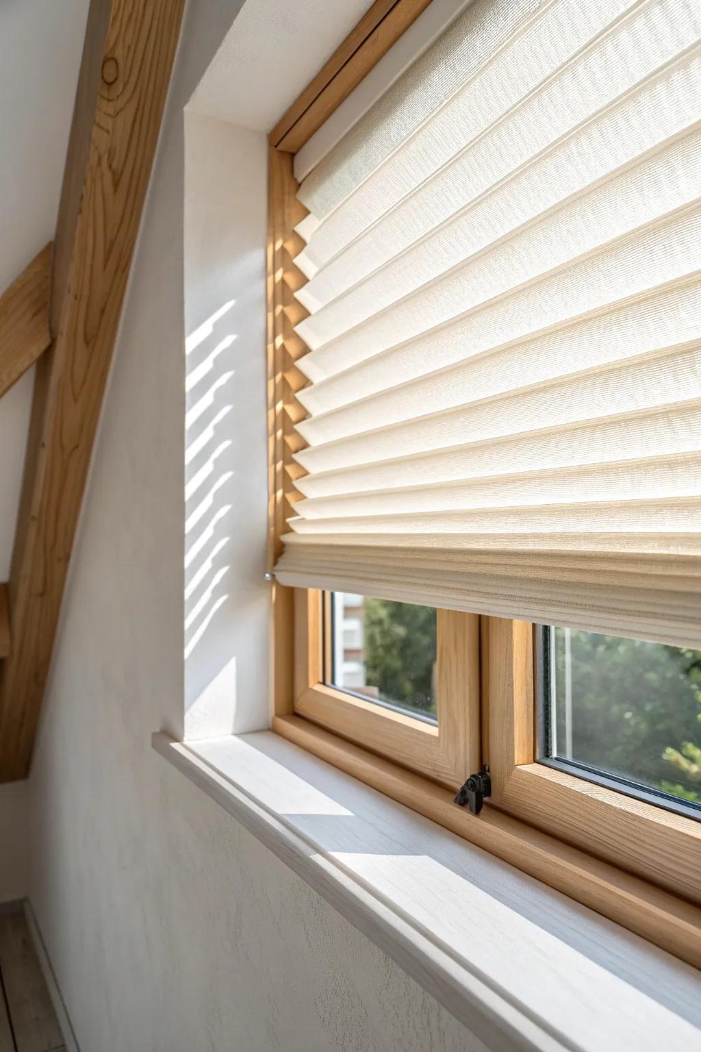 Honeycomb cellular blind keeps a tiny window cozy—minimal, airy, and beautifully functional.