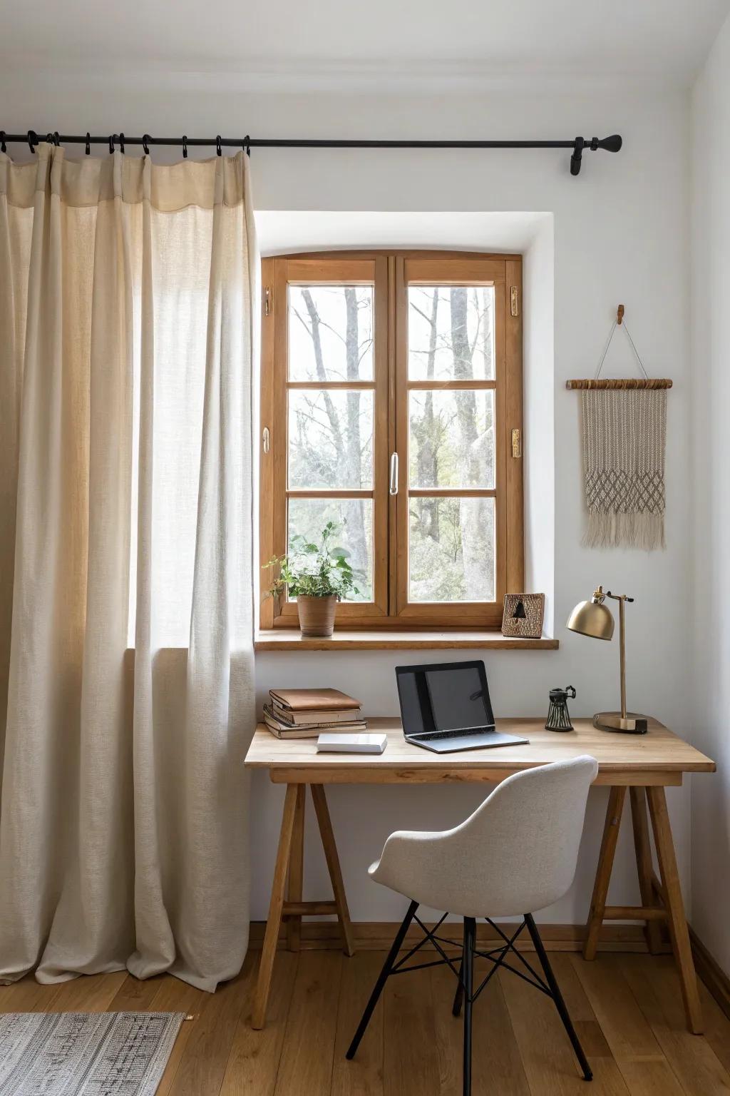 Short linen panels that stop above the desk—clean, airy light without messy fabric bunching.