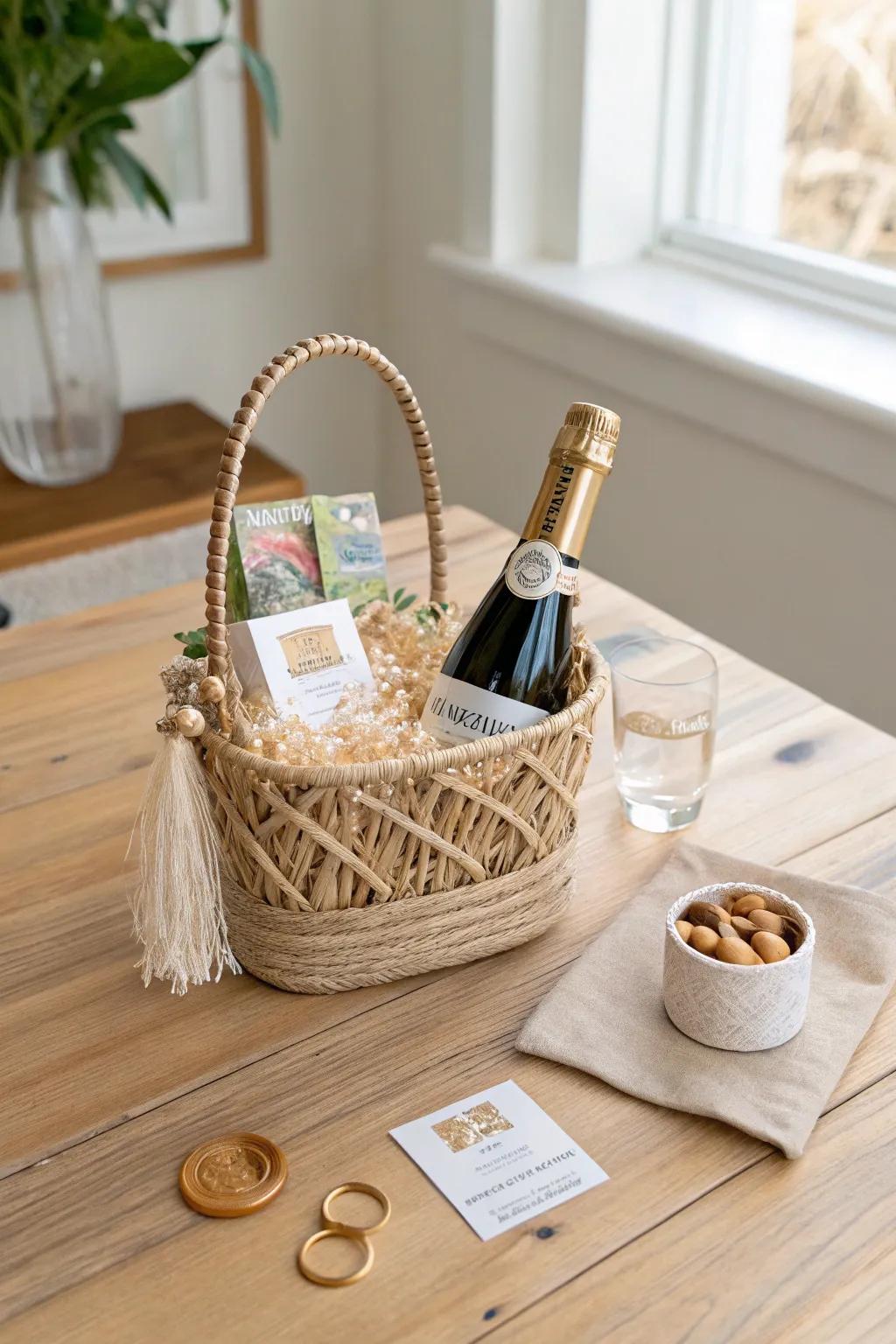 Tiny sparkling wine basket with candied nuts and drink markers—big celebration in small space.