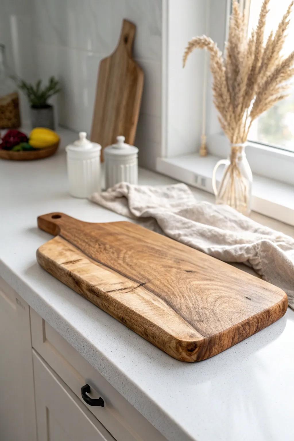 Live-edge wood slab serving board: minimalist counter decor that’s always guest-ready.