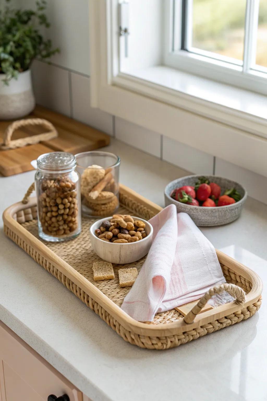 A curated countertop snack tray rotation—pretty, minimal, and perfect for small spaces.