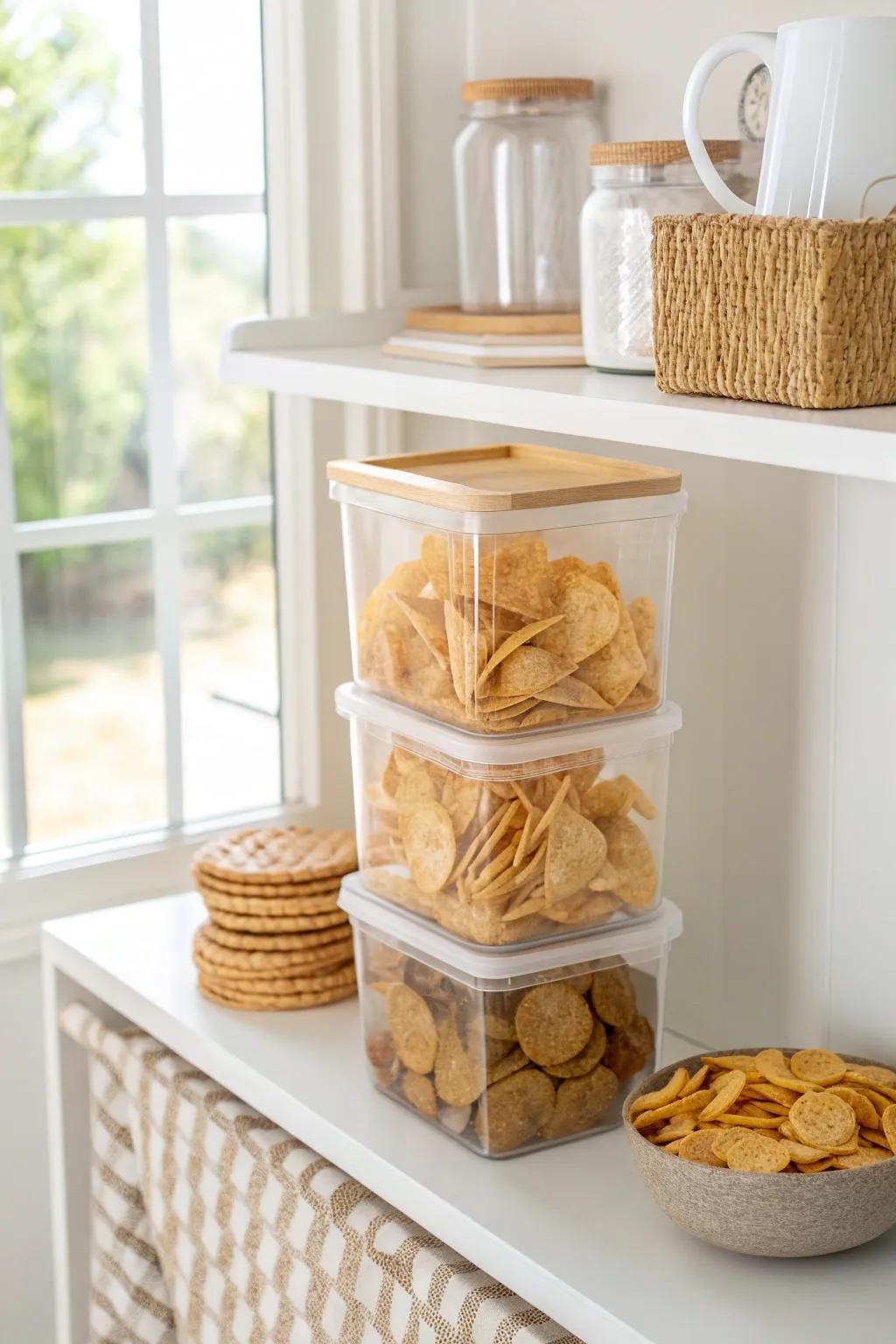 Stackable clear containers turn shelf height into extra snack storage—no wasted space.