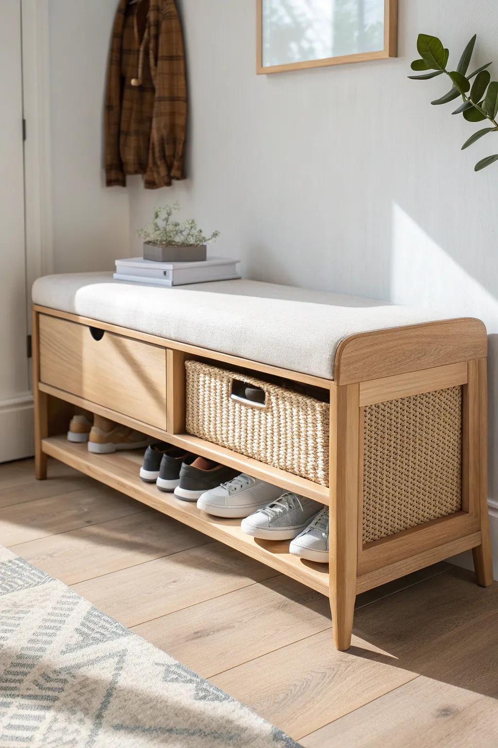 Minimal storage bench with a hidden sneaker drawer—sit, stash your pairs, and keep floors clear.