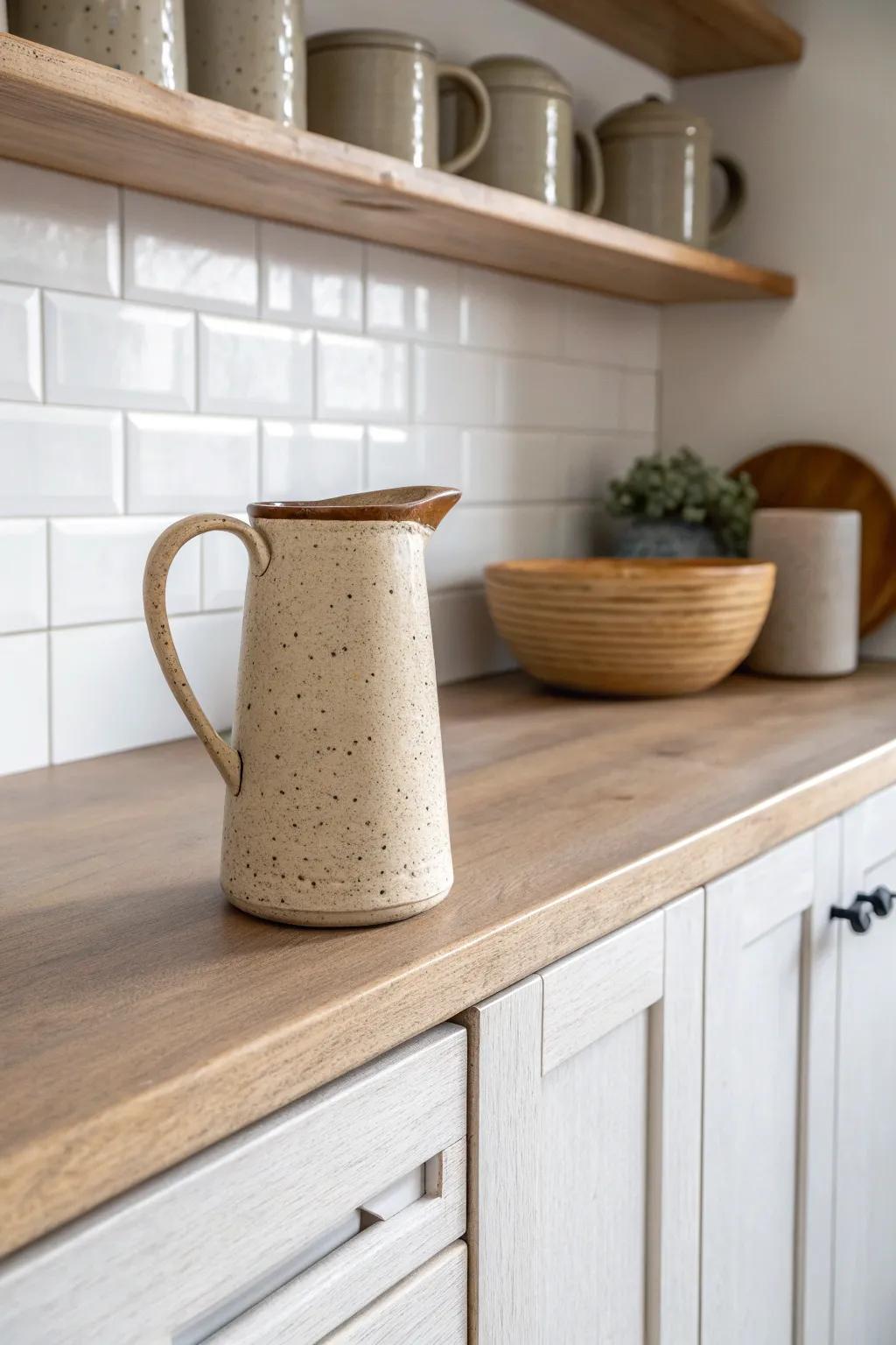 Create a clean above-cabinet look by repeating one handcrafted ceramic pitcher collection.