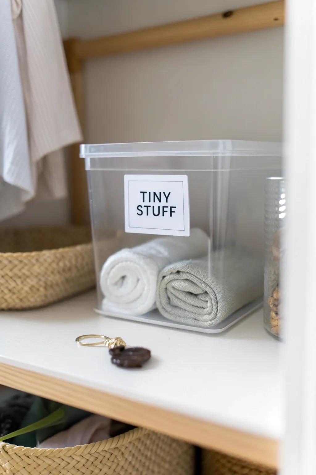 Clear, labeled bins up high keep tiny closet extras visible, sorted, and totally clutter-free.