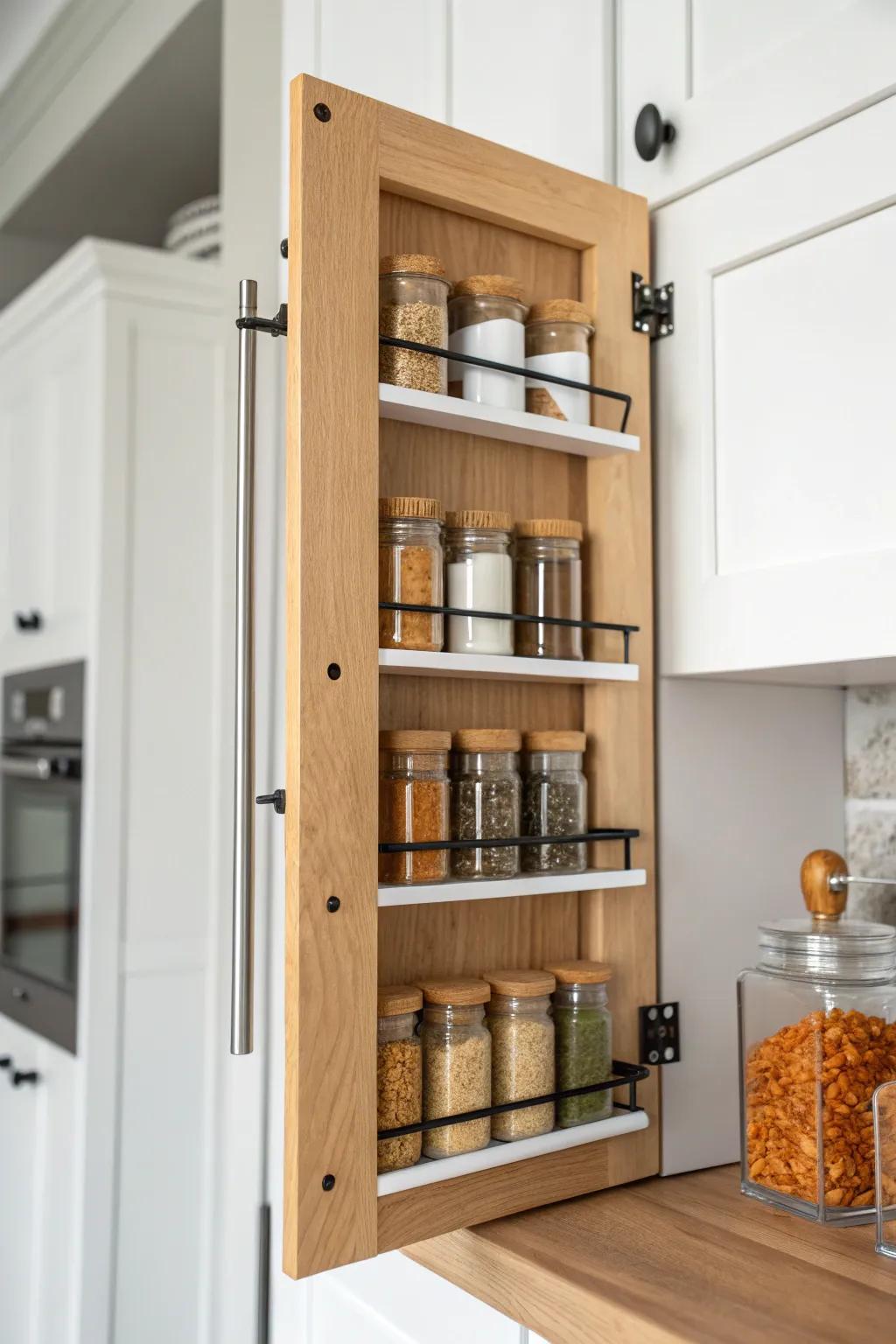 Maximize cabinet doors with a sleek spice rack—pretty, practical, and space-saving.