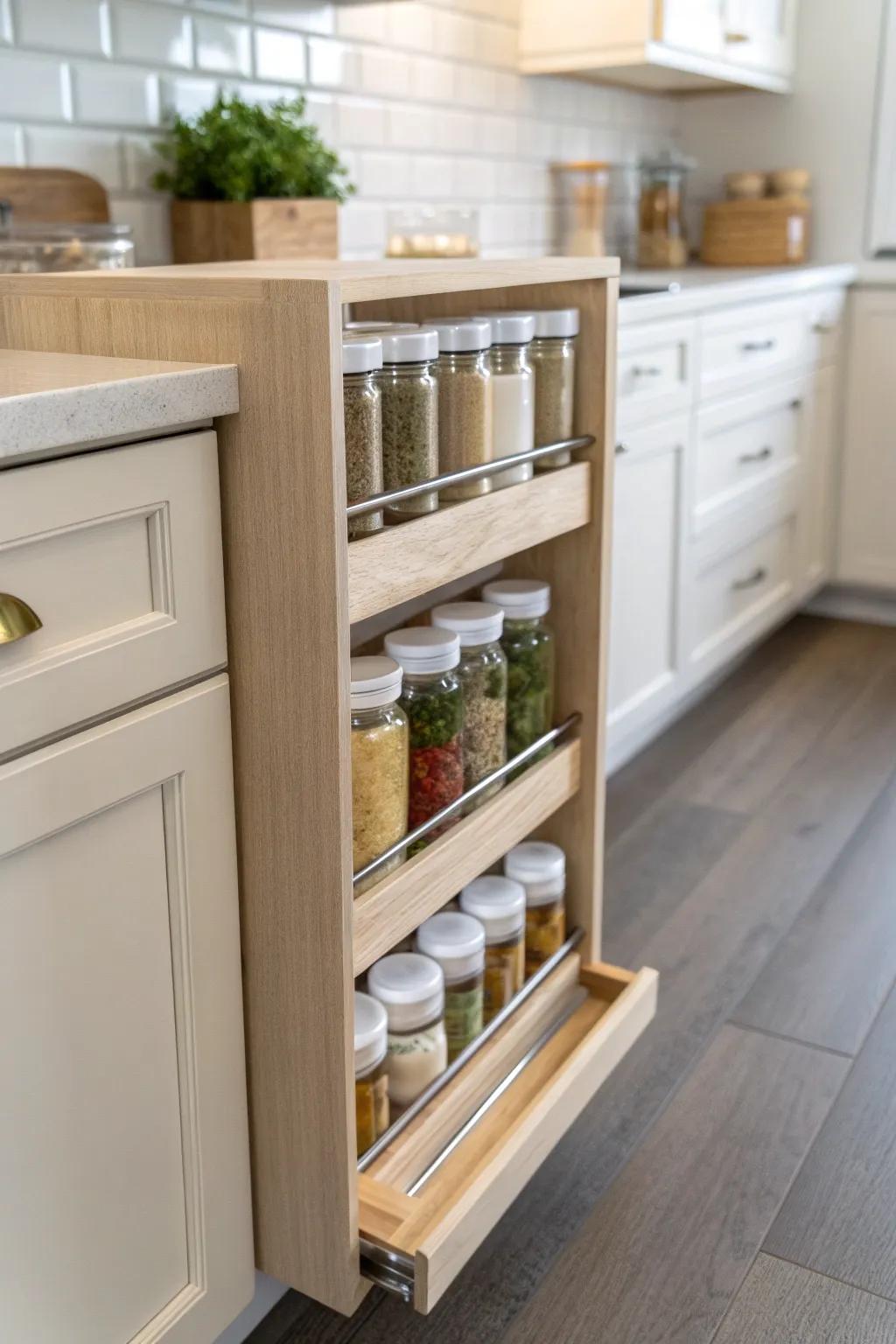 A pull-out spice rack makes every jar visible—perfect for narrow cabinets and tiny kitchens.