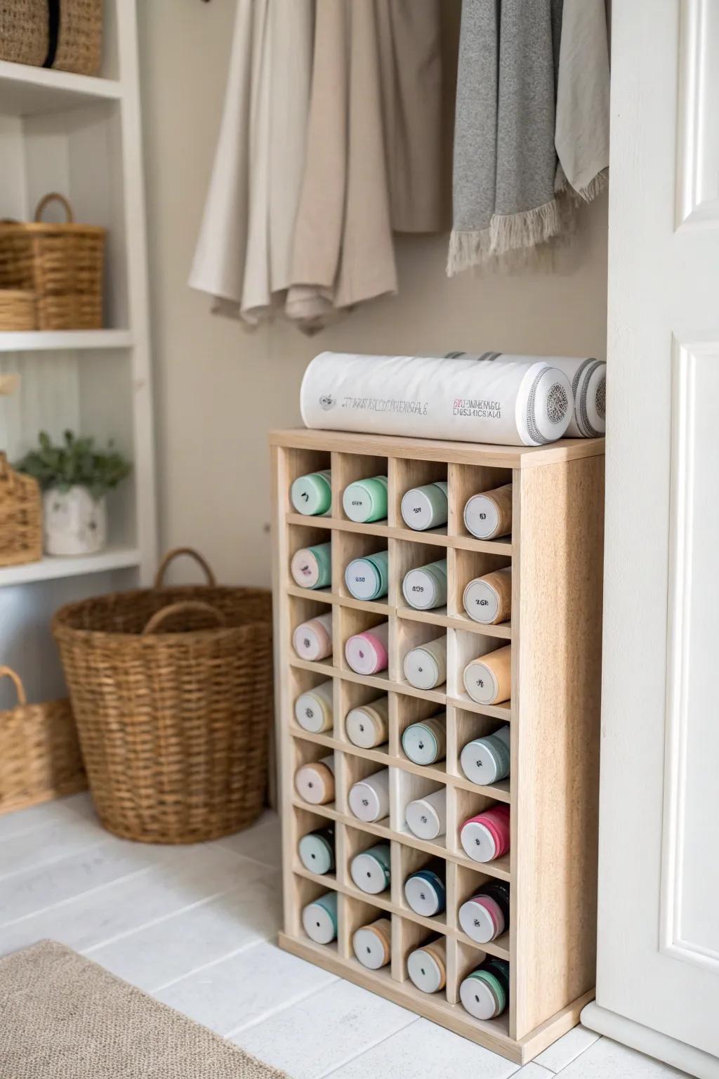 Stackable cubbies keep every spray paint can tidy—no more laundry-room avalanches.