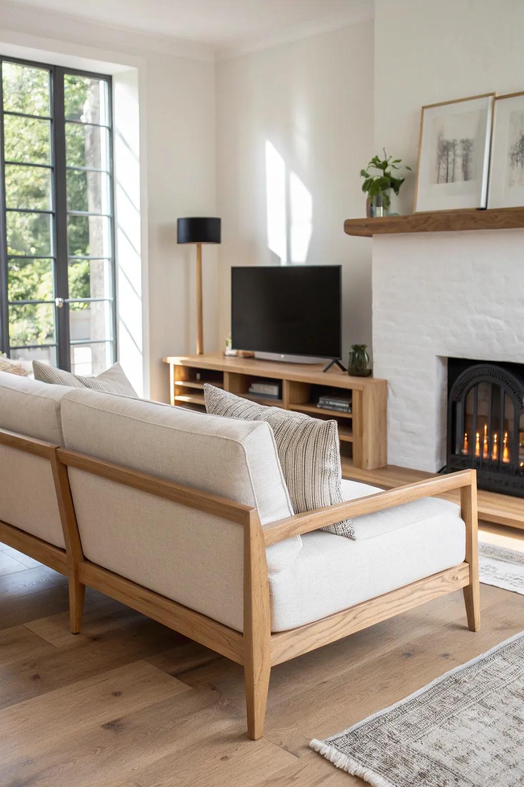 Angle the sofa to the fireplace and keep the TV to the side for an easy dual focal point.