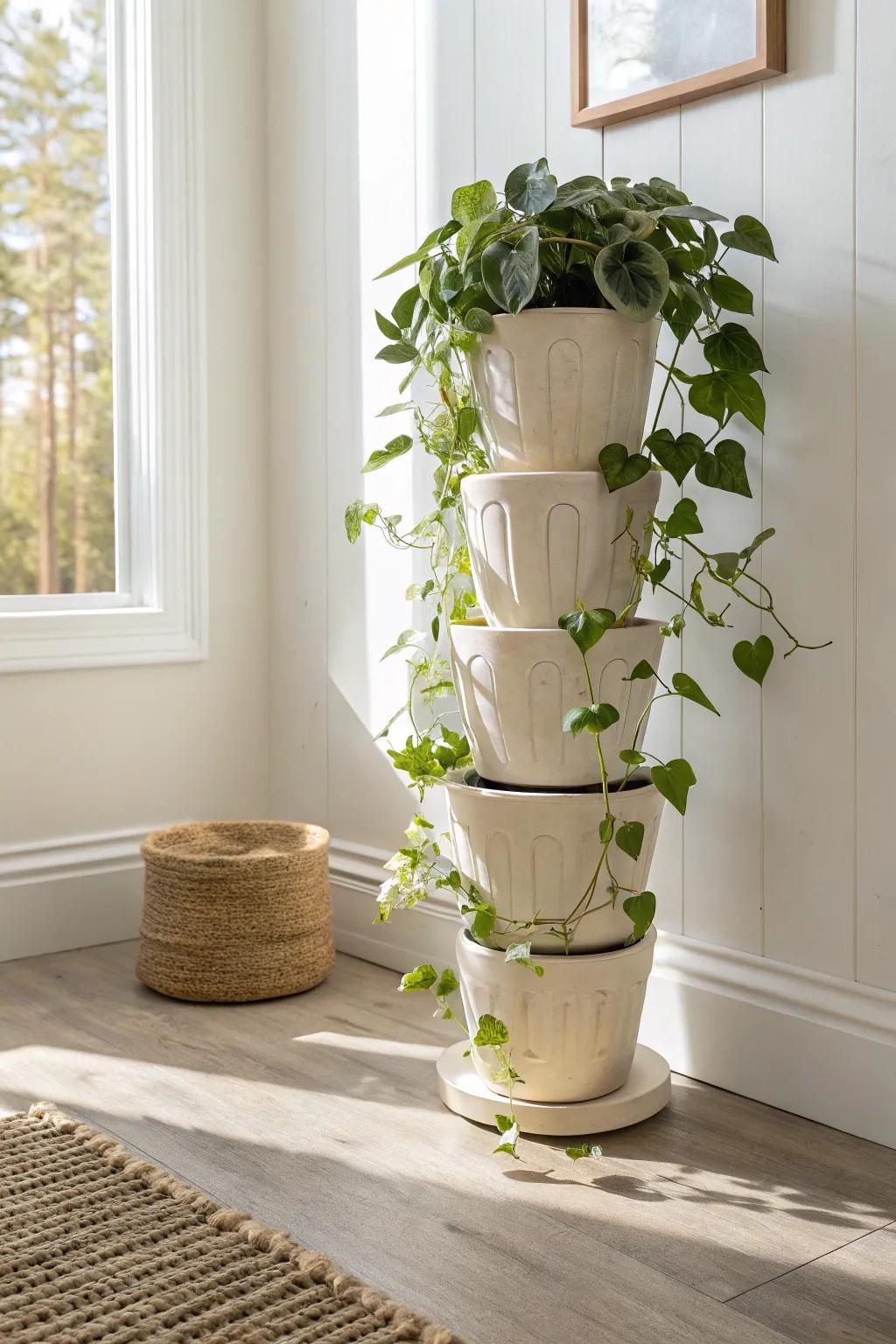 A sculptural stackable planter tower that adds entryway height and calm, even in tiny spaces.