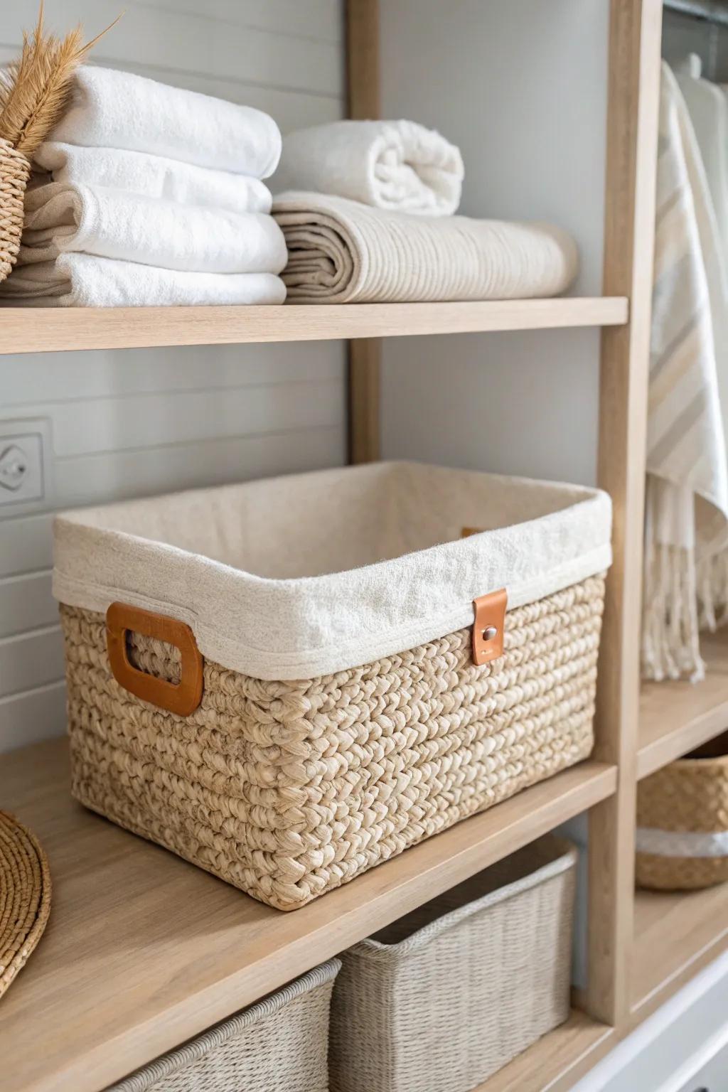 Shelf-friendly bin that fits like a drawer—no wasted space behind it in tiny closets.